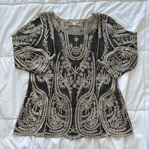 Vintage Blouse Womens Size Large Black Beige Embroidered Lace Dreamcore Whimsy